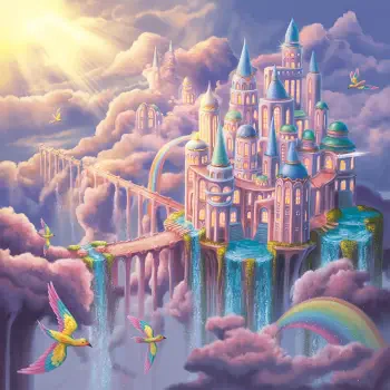 Whimsical fantasy city on cloud islands with pastel towers, cascading waterfalls, rainbows and colorful birds — bright, dreamy forum avatar.