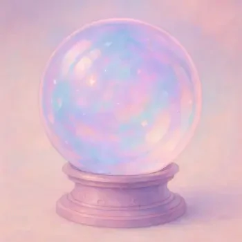 Pastel crystal ball with an iridescent, cloudy interior on a pink pedestal — stylized forum avatar/pfp.