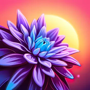 Stylized purple-blue flower with layered petals set against a warm glowing sun — a bold forum avatar/pfp.