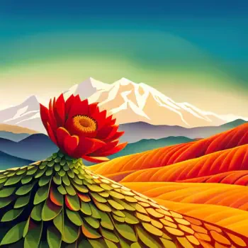 Forum avatar (pfp) of a stylized red flower atop a scale-like green hill, with rolling orange fields and a snow-capped mountain beneath a teal sky.