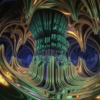 Forum avatar/pfp: abstract fractal of a green crystalline column surrounded by gold-arched ribs and deep blue voids, suggesting a surreal, cathedral-like digital cityscape.