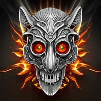 Forum avatar: metallic skull mask with glowing red eyes, demonic features and fiery orange flames radiating behind it.