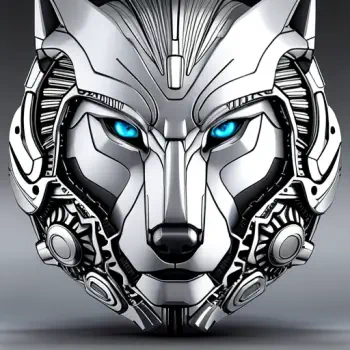 Cybernetic metallic wolf mask with glowing blue eyes and intricate mechanical detailing, presented as a forum avatar/pfp.
