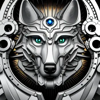 Silver mechanical wolf mask (animal) with glowing blue eyes and layered plating, set inside a circular emblem as a forum avatar/pfp.