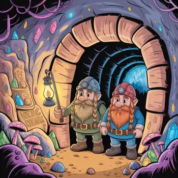 Cartoon forum avatar/pfp: two dwarven miners at a crystal-studded mine entrance, one holding a lantern, colorful gems and mushrooms surrounding them.