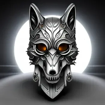 Intricate metallic wolf mask with glowing orange eyes and mechanical details, framed by a luminous circle — stylized animal forum avatar/pfp.