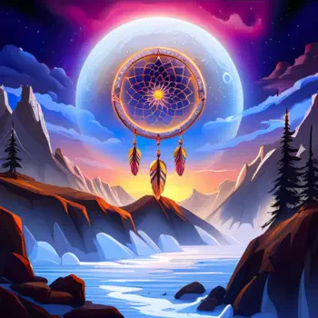 Forum avatar/pfp: stylized dreamcatcher against a glowing moon above a mountain valley with a river winding through rocky peaks.