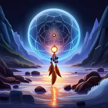 Forum avatar/pfp: a glowing dreamcatcher orb hovering above a calm river framed by mountains at twilight, its feather tassels reflected in the water.