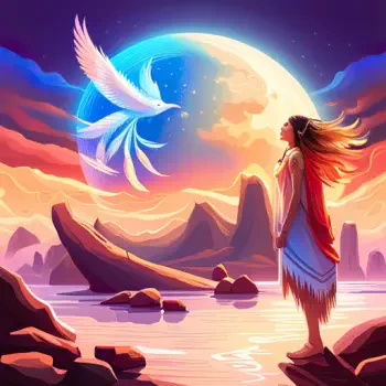 Forum avatar of a stylized woman in fringe dress standing on a riverbank, facing a glowing moon and mountain silhouettes; a white dove soars above amid vivid sunset colors and reflective water.