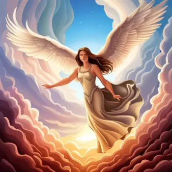 Forum avatar showing a graceful angel with large outstretched wings, flowing gown, and warm golden light breaking through colorful clouds.