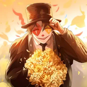 Anime forum avatar/pfp: smiling character in a top hat and suit holds a bouquet of yellow flowers against a warm, confetti-lit sunset background.