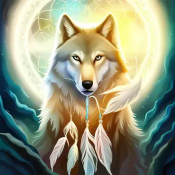 Stylized wolf forum avatar/pfp with a glowing moon backdrop and feathered dreamcatcher beads draped from its muzzle.