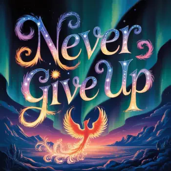 Forum avatar showing ornate Never Give Up lettering against aurora skies, with a fiery phoenix rising above glowing mountains.