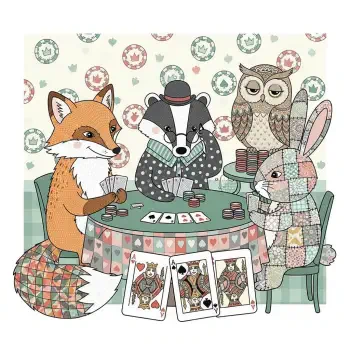 Whimsical forum avatar/pfp of a fox, badger, owl and rabbit playing poker at a patterned table, surrounded by chips and oversized playing cards.