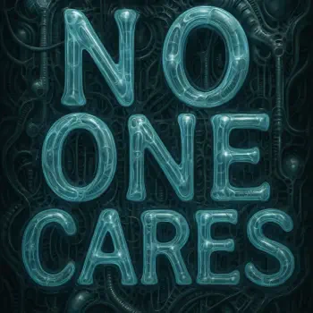 Forum avatar/profile photo: glowing teal, biomechanical-style letters spelling NO ONE CARES over a dark, cable-filled background.
