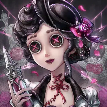 Identity V video game forum avatar: doll-like woman with pink X button eyes, black hair adorned with a rose, lace-up collar and silver dagger, set among falling rose petals.