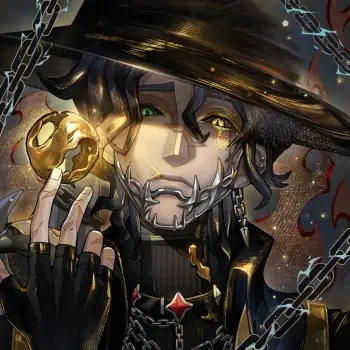 Identity V forum avatar: masked, hat-wearing character with mechanical jaw, mismatched green and gold eyes, chains and a glowing gold ornament.