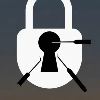 Lockpicking forum avatar: white padlock silhouette with central keyhole pierced by three black lockpicks on a muted dark gradient background.