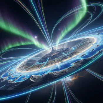 Stylized ringworld forum avatar: luminous ring-city with central metropolis, glowing energy arcs and aurora-like beams stretching across space.