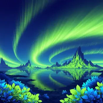 Panorama forum avatar: neon-green aurora swirling over jagged mountains mirrored in calm water, vivid blue-green foliage framing the luminous, otherworldly landscape.