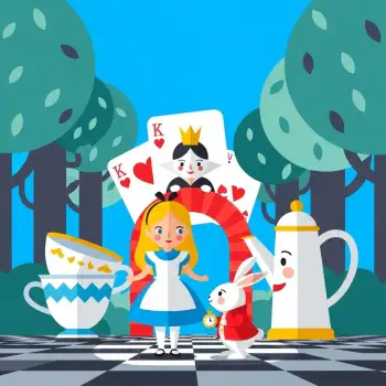 Alice in Wonderland forum avatar/pfp: stylized Alice with the White Rabbit, teapot, teacup and oversized playing cards on a checkerboard forest background.
