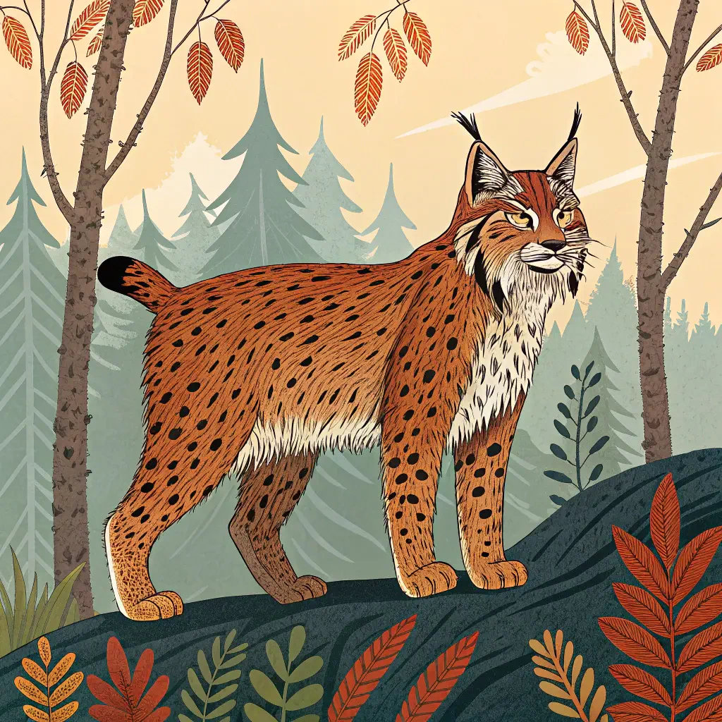 Stylized lynx forum avatar standing on a forest rock with autumn leaves and pine trees in the background — profile picture illustration.