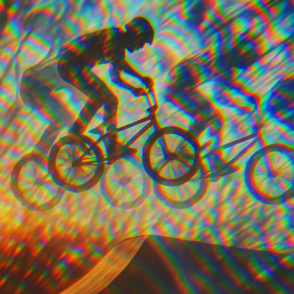 Stylized prism double-exposure silhouette of a BMX rider launching off a ramp with rainbow refractions — forum avatar / pfp.