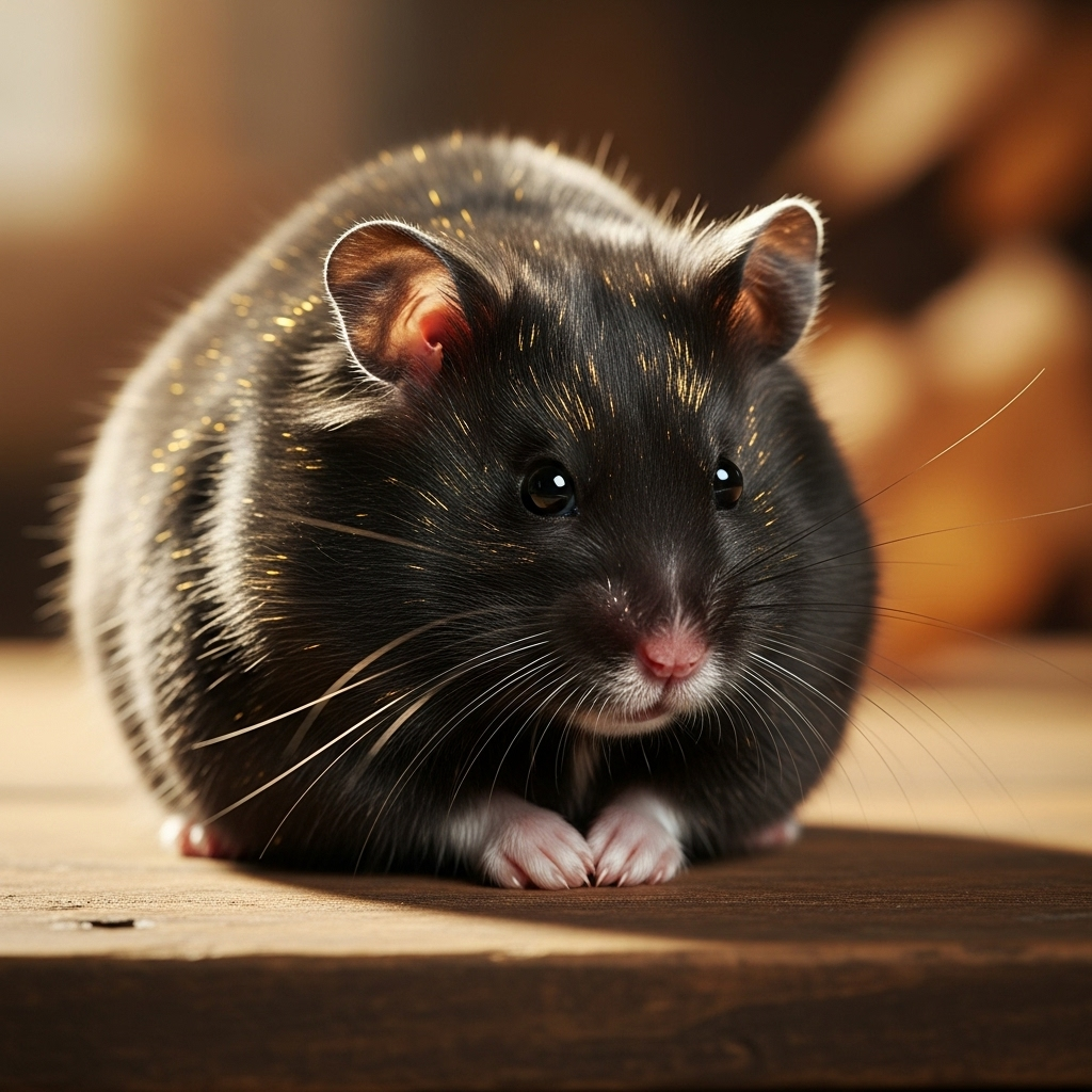 Black hamster with a pink nose and tiny paws, shown as a forum avatar/profile photo against a warm, softly lit wooden background.