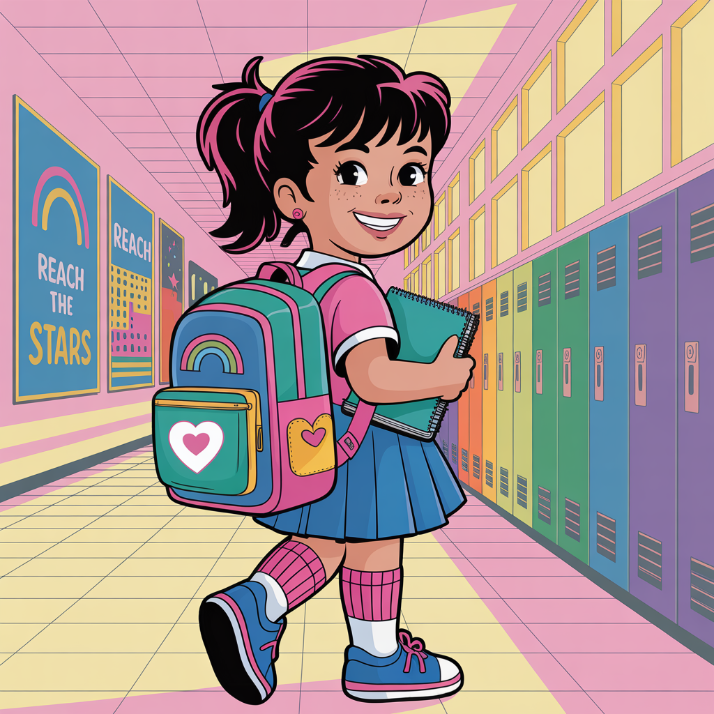 Cartoon forum avatar/profile photo: smiling girl on her first day of school, backpack and notebook in a colorful locker hallway.