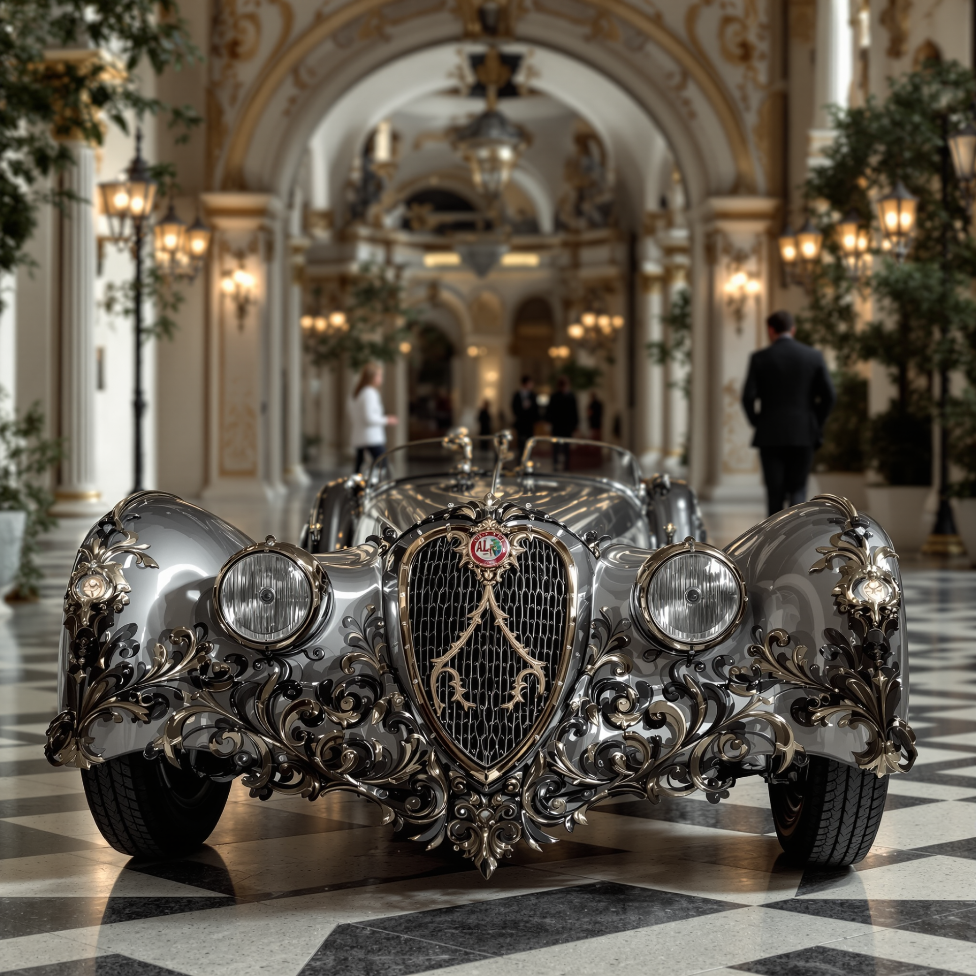 Forum avatar/profile photo: ornate silver Alfa Romeo with filigree bodywork, centered in a grand marble‑floored hall.