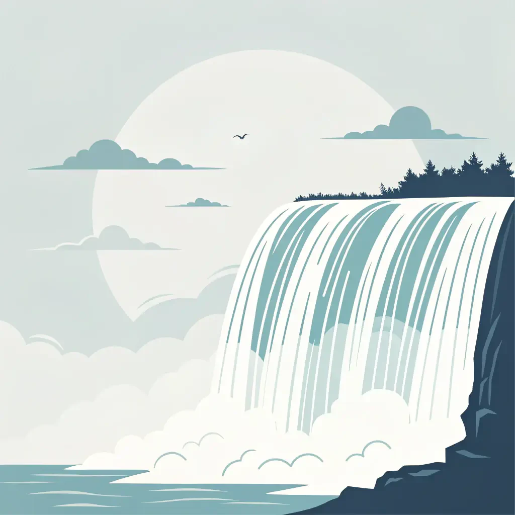 Stylized forum avatar of Niagara Falls: cascading water, mist, treeline and clouds in muted teal and gray tones