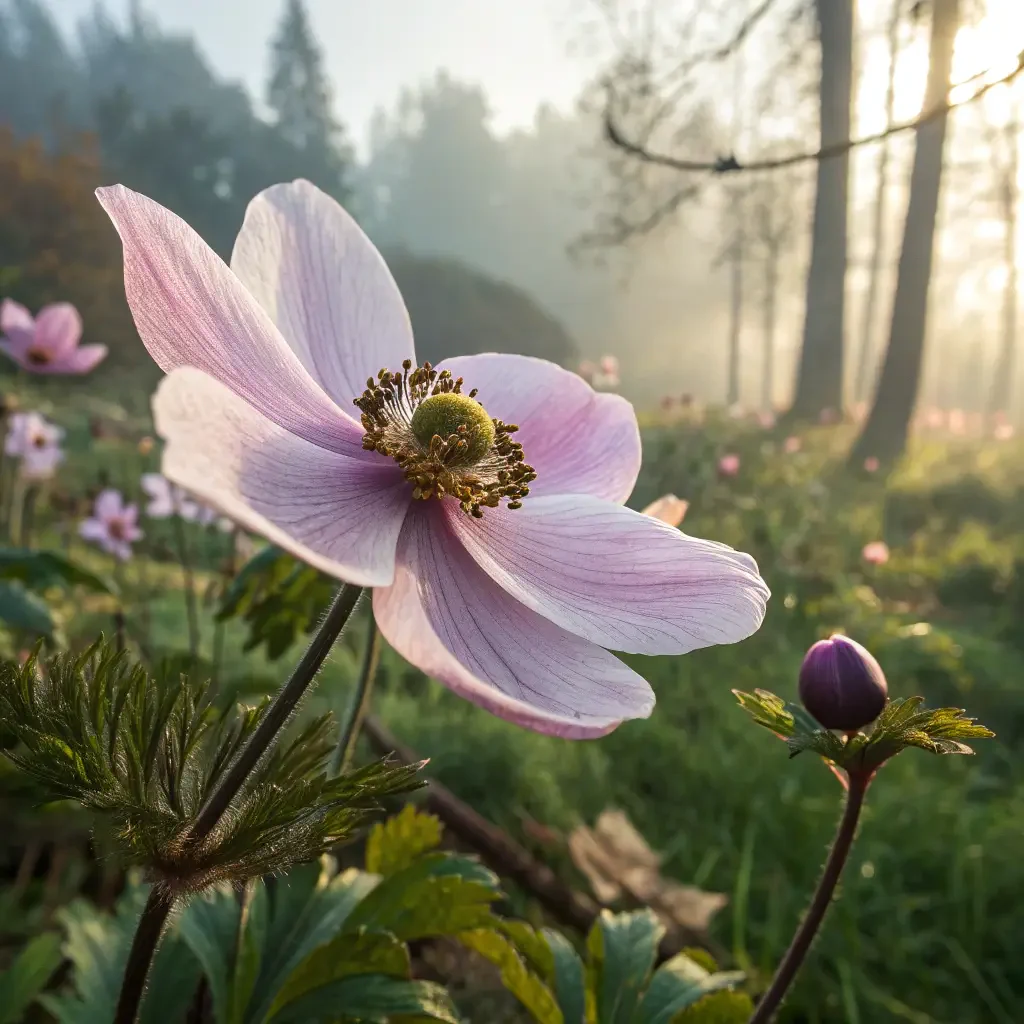 Close-up pink anemone with dewdrops in a misty sunrise woodland — square forum avatar/pfp/profile photo.