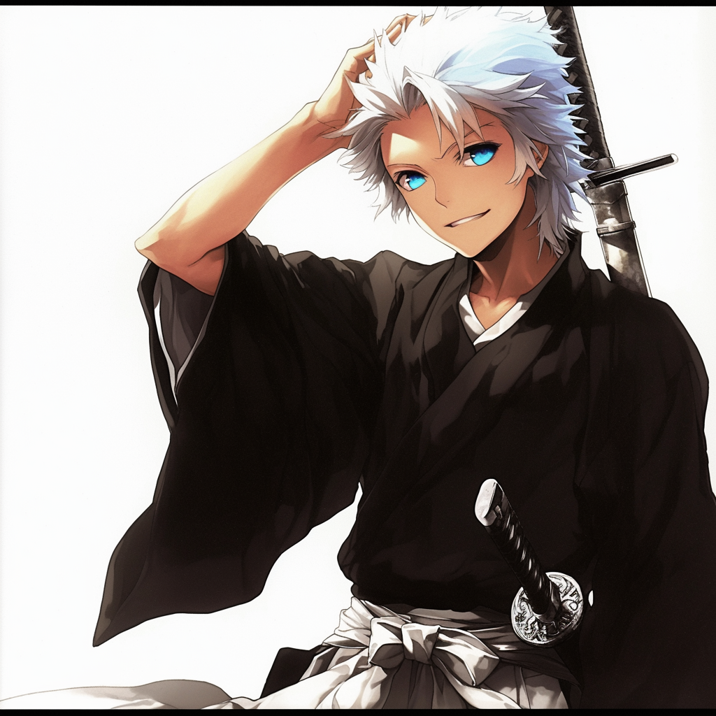 Forum avatar of Tōshirō Hitsugaya (Bleach): white-haired anime youth in a black shihakusho, bright blue eyes, katana at his back, casually brushing his hair.