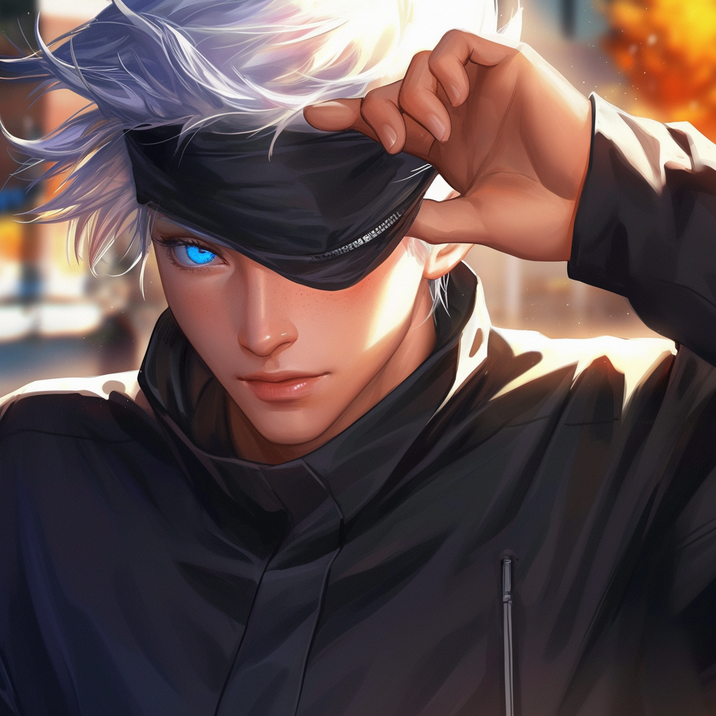 Anime forum avatar/pfp of Satoru Gojo (Jujutsu Kaisen): close-up with white hair, lifted blindfold revealing a bright blue eye, black jacket and confident expression.