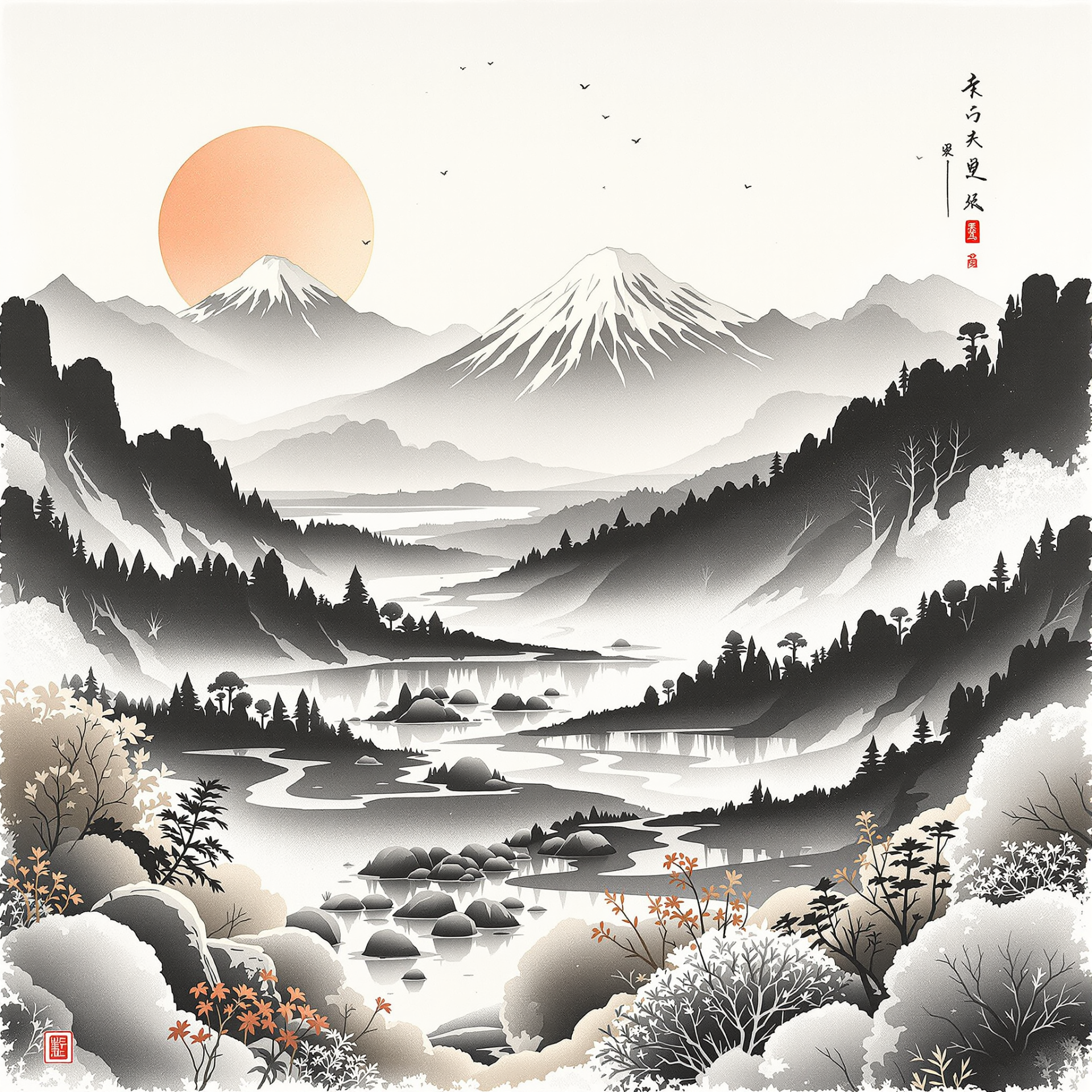 Forum avatar: serene ink-wash mountain scene with snow-capped peaks, pale sun, misty valleys, winding river, pines and distant birds in a minimalist East Asian style.