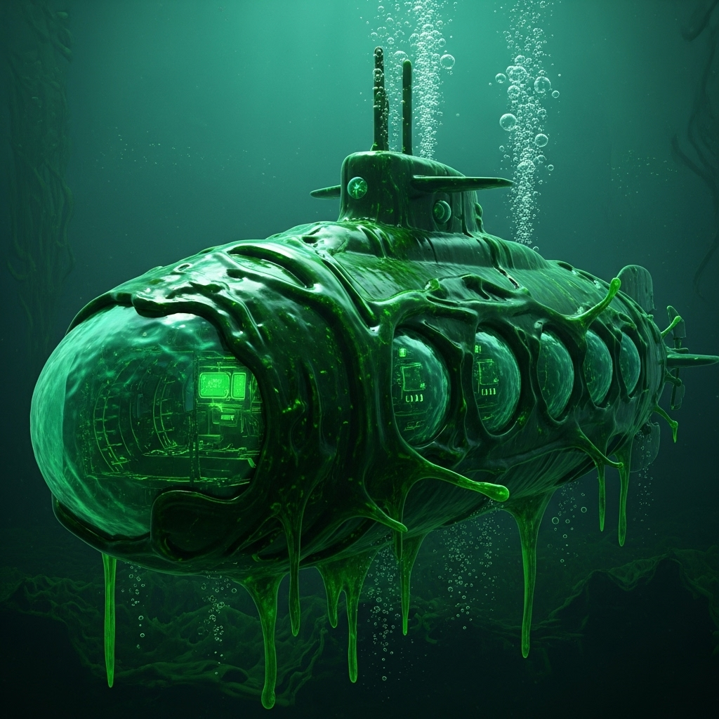 Stylized green biofilm-coated sci-fi submarine with glowing cockpit and rising bubbles, presented as a forum avatar/profile photo.