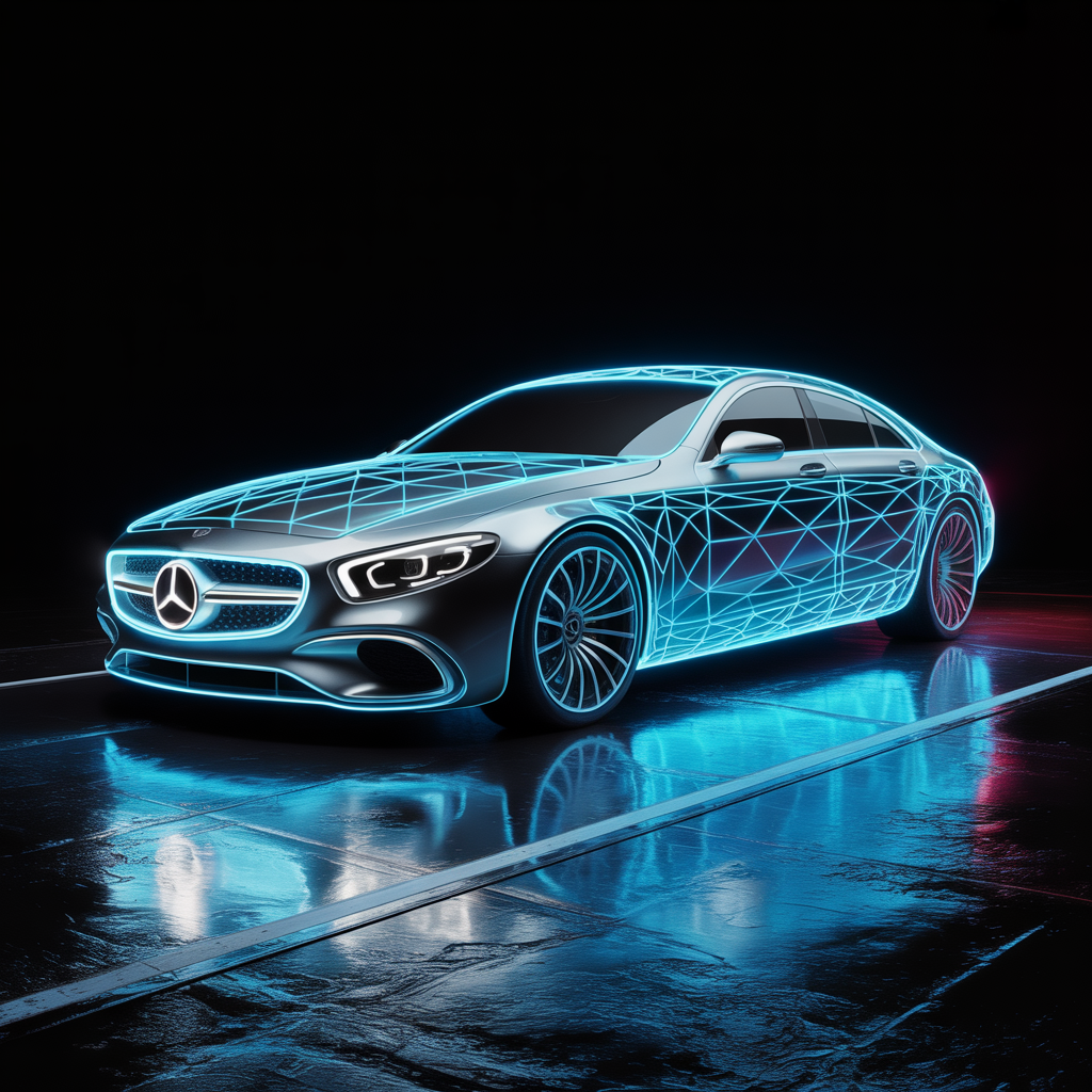Neon wireframe Mercedes coupe reflected on wet asphalt, stylized as a sleek forum avatar/pfp.