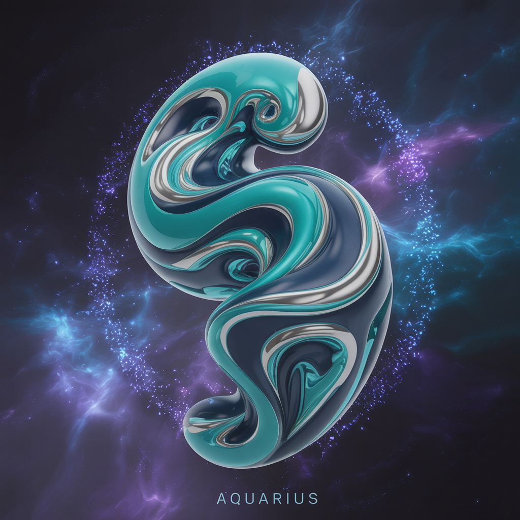 Aquarius astrology forum avatar/pfp: stylized teal-and-silver flowing glyph set against a purple-blue cosmic nebula background.