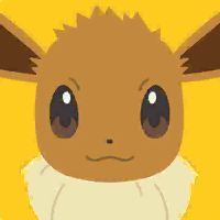 Close-up stylized Eevee (Pokemon Friends) with big brown eyes on a bright yellow background, shown as a forum avatar/pfp.
