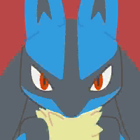 Forum avatar/pfp of Lucario from Pokémon Friends — close-up of blue-and-black face with intense orange eyes and cream chest fur against a red background.