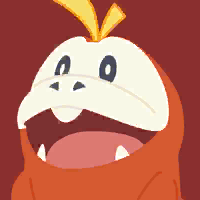 Forum avatar of a cheerful orange Pokémon (Pokémon Friends) with a cream face-mask, wide open mouth showing teeth and a small yellow tuft on its head against a red background.