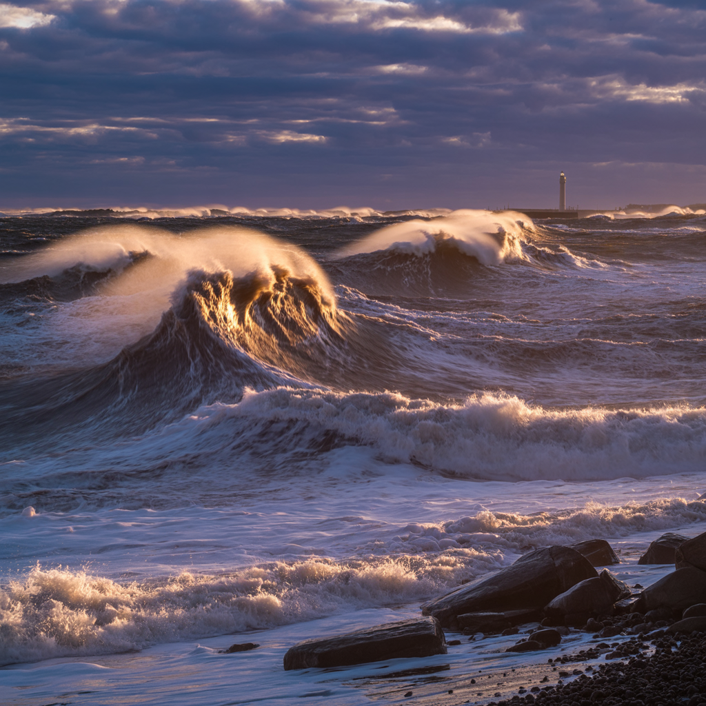 Dramatic stormy ocean waves crashing on a rocky shore at dusk, used as a forum avatar/profile photo.