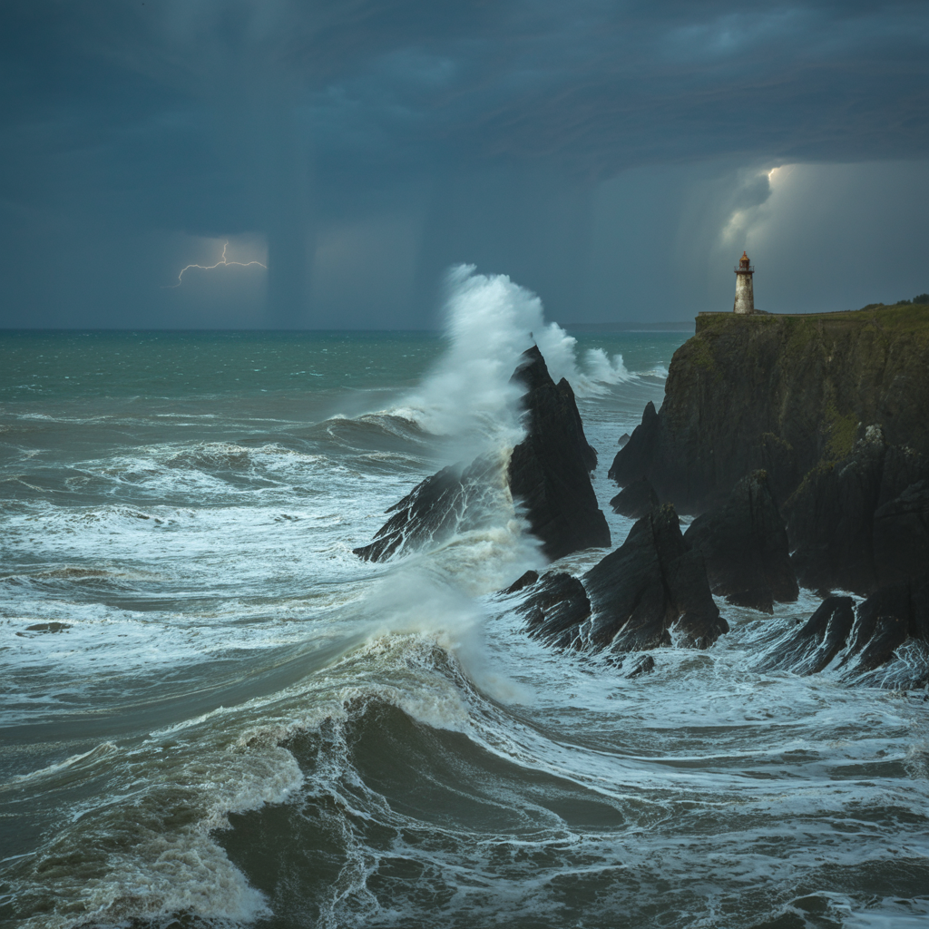 Forum avatar/pfp: ocean storm with towering waves smashing jagged rocks, a lone lighthouse on the cliff, dark brooding skies and a flash of distant lightning.