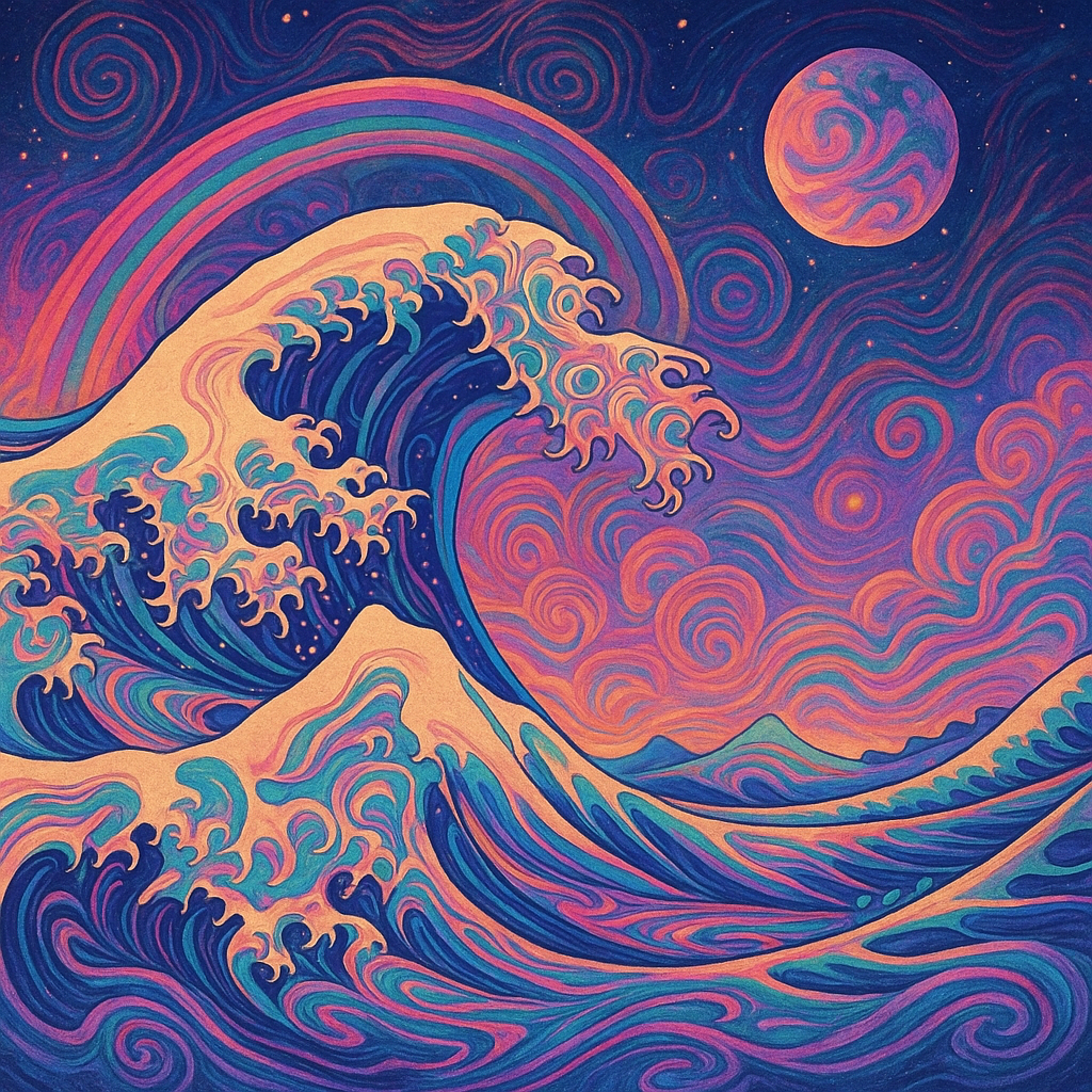 Psychedelic stylized tsunami wave in vivid purples and teals with a swirling sky and planet, presented as a forum avatar/pfp.
