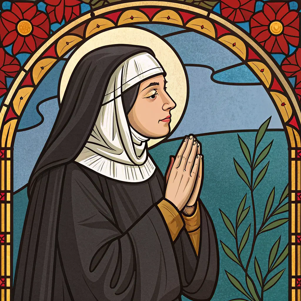 Stained-glass–style illustration of a praying nun with halo and floral border, used as a forum avatar/profile picture.