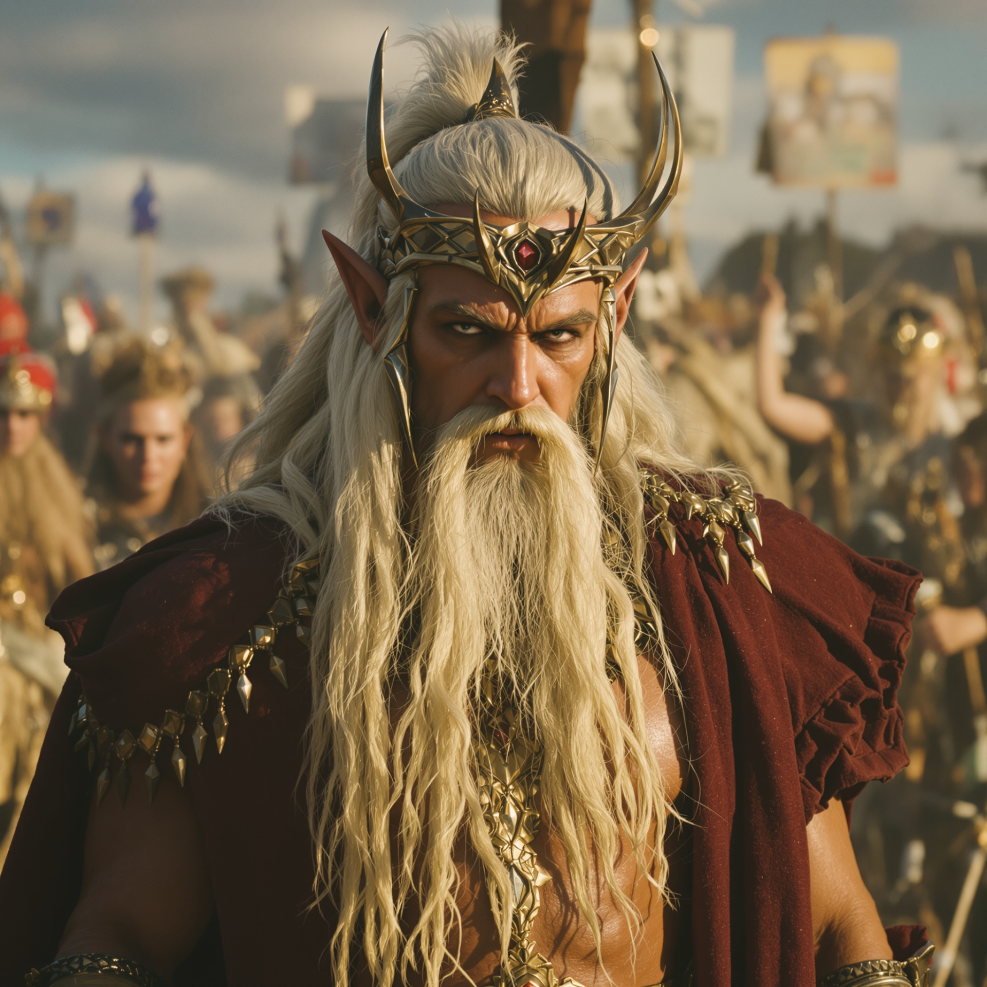 Forum avatar/profile photo of an imposing Elf King with a long white beard, horned crown and ornate armor, glaring as his army gathers behind him.