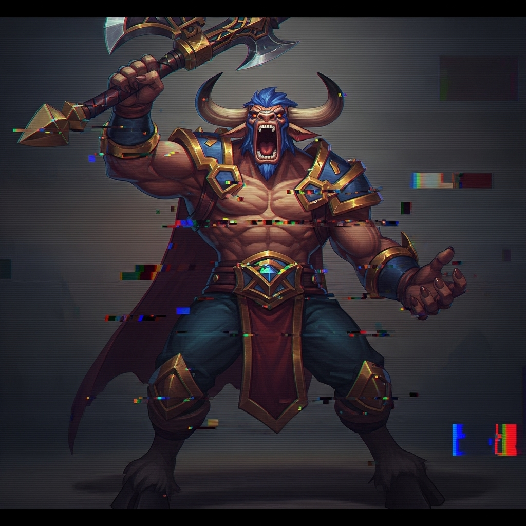 Forum avatar of Alistar (League of Legends): a roaring, armored, horned minotaur warrior raising an axe, with glitchy digital artifacts.