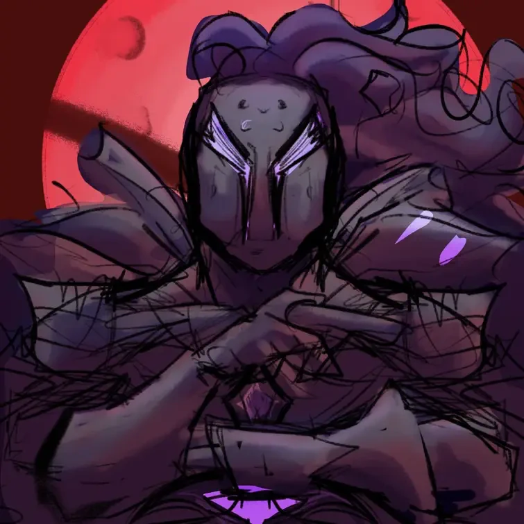 Forum avatar/pfp of Silent Salt Cookie from the video game COOKIE RUN: KINGDOM — masked, shadowy cookie with flowing hair, purple highlights and a red moon backdrop.