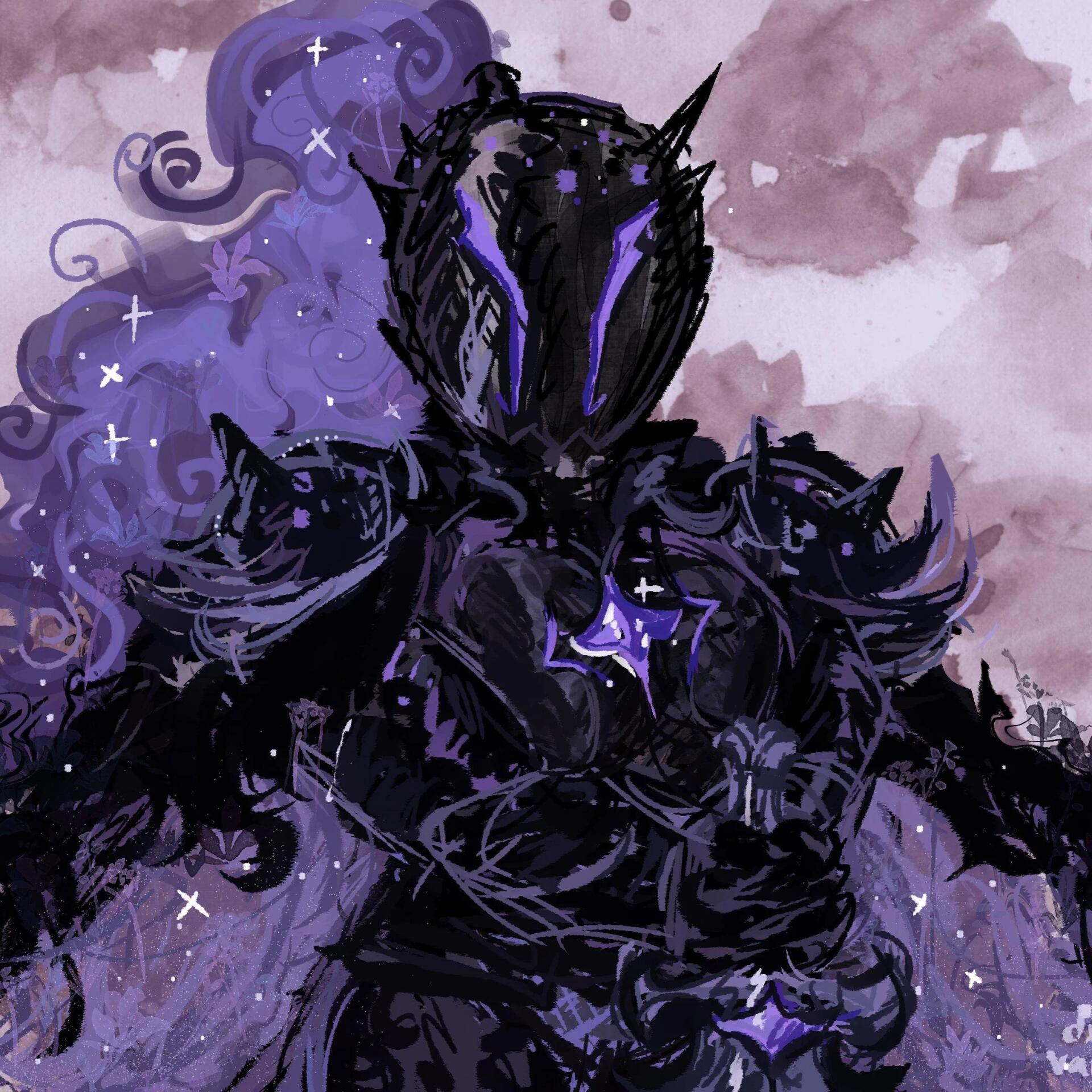 Video game forum avatar of Silent Salt Cookie (COOKIE RUN: KINGDOM): shadowy armored figure with a flowing purple ethereal cloak, star-like sparkles, and glowing violet accents.