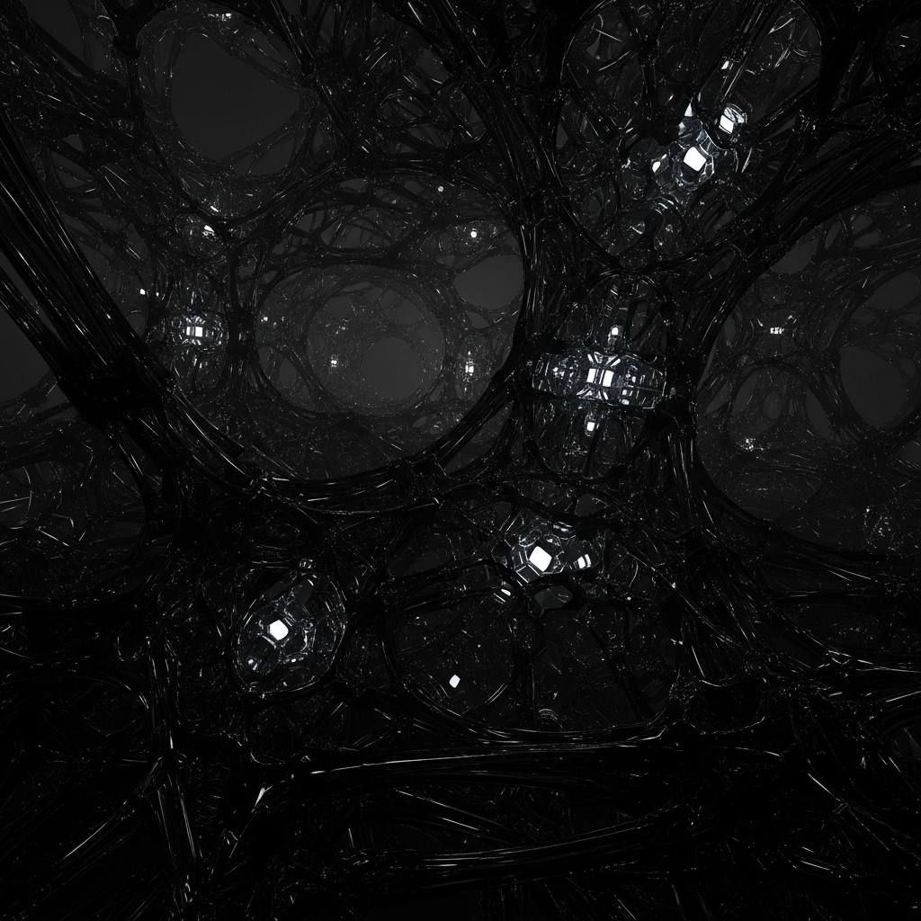 Dark glossy abstract forum avatar: tangled black web-like spheres with faint white glowing nodes, moody futuristic profile photo.